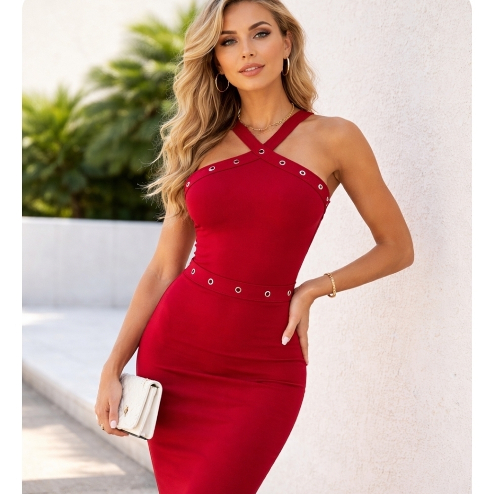 Zara Two Piece Red Bodycon Set | Strappy Bodysuit + Pencil Skirt